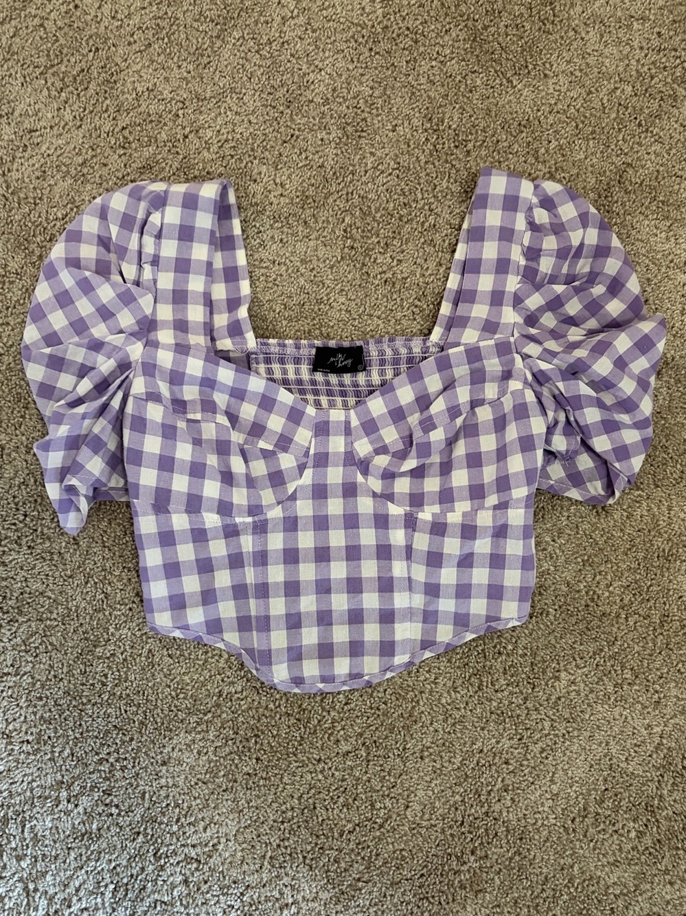 Lilac Gingham Puff-Sleeve Crop Top - Women's